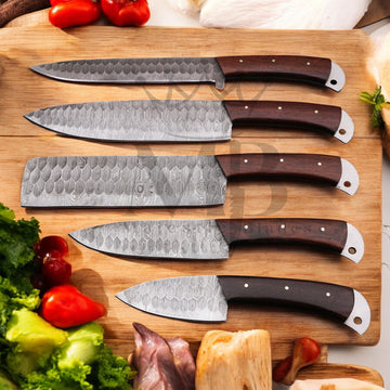 Majestic Handmade Damascus Steel Kitchen Chef Knife Set of 5 pcs HandForged With Leather Bag at best price in USA - shop online from majesticblades.com